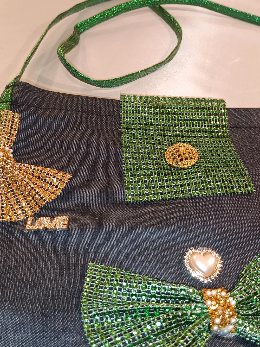 Denim Handbag Multipurpose Green Crystal Bow Accent Crossbody Bag - Unbranded